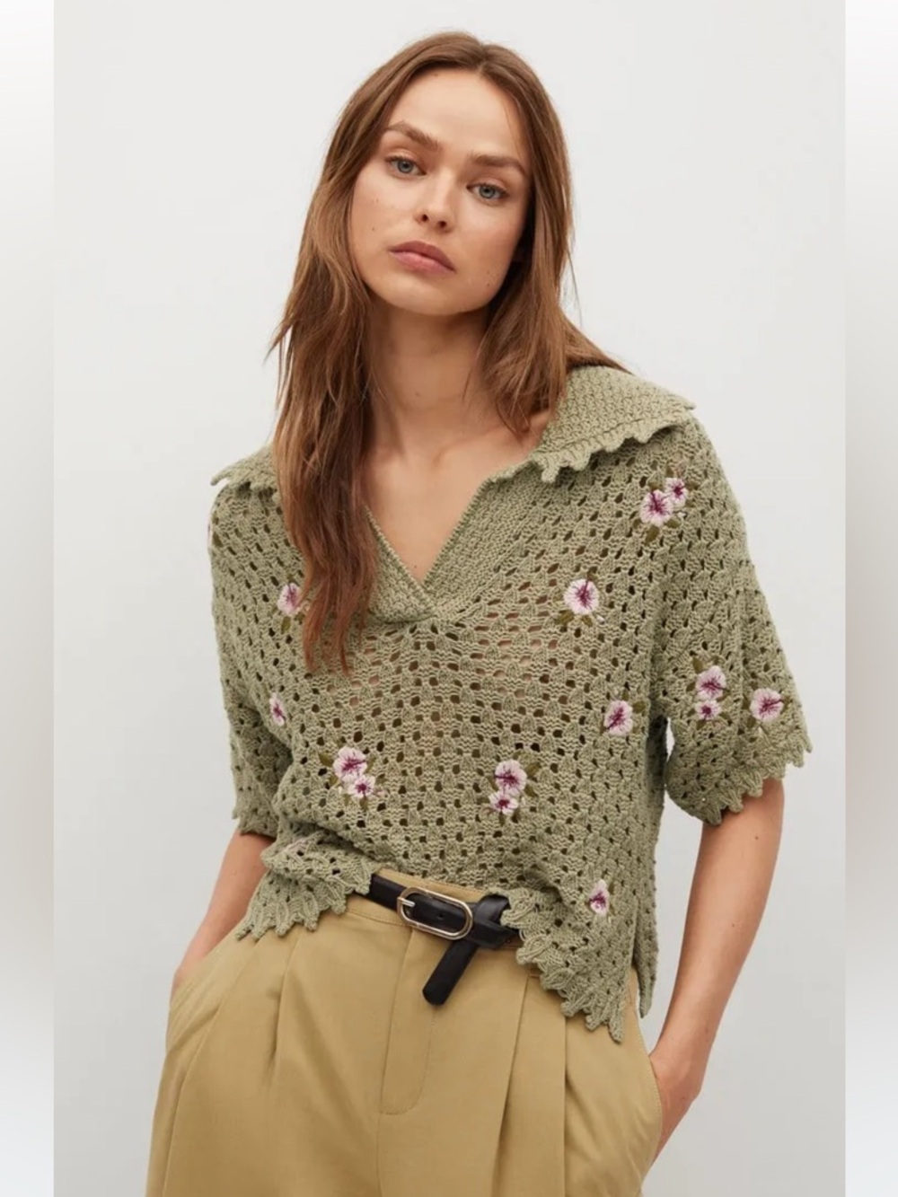 Mango Crochet Knit V-Neck Sweater with Pink Floral Embroidery - Taupe